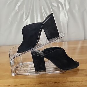 B.P. Nordstrom Mule Slides Sandals 7.5M Black Suede Leather Peep Toe Block Heel
